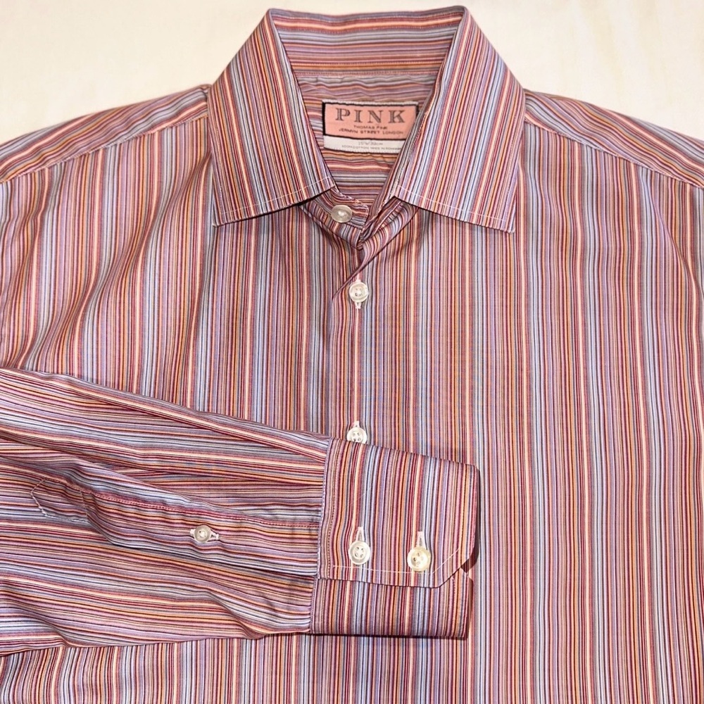 Thomas Pink Mens Shirt Cotton Multicolor Striped Button Up Made in Romania 15.5